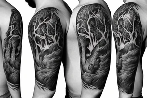 bear house fire forest full sleeve tattoo tattoo idea