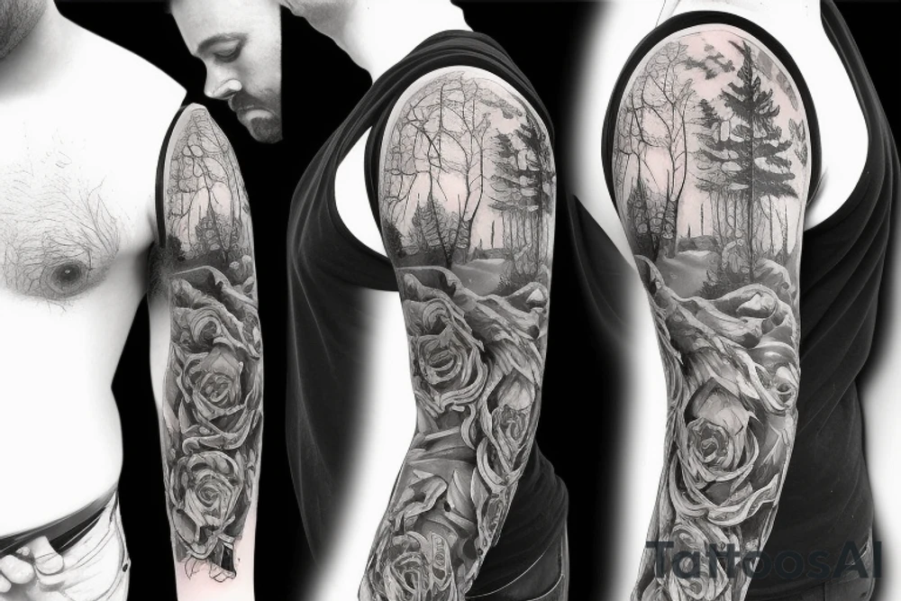 bear house fire forest full sleeve tattoo tattoo idea
