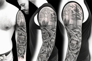 bear house fire forest full sleeve tattoo tattoo idea