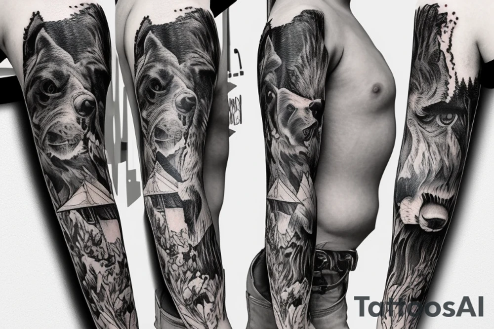bear house fire forest full sleeve tattoo tattoo idea