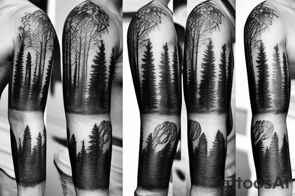bear house fire forest full sleeve tattoo tattoo idea