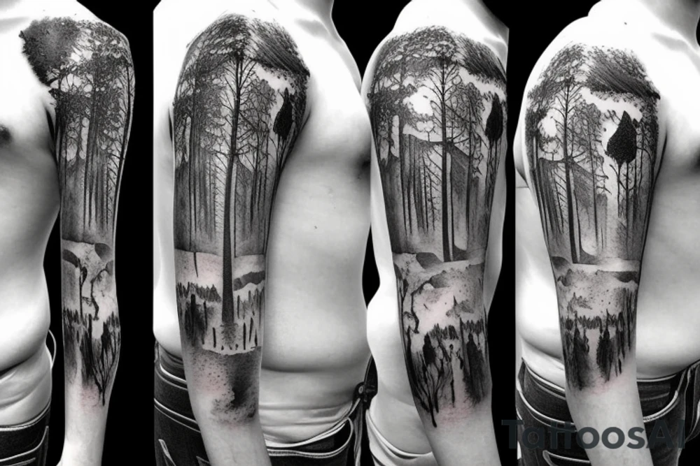 bear house fire forest full sleeve tattoo tattoo idea