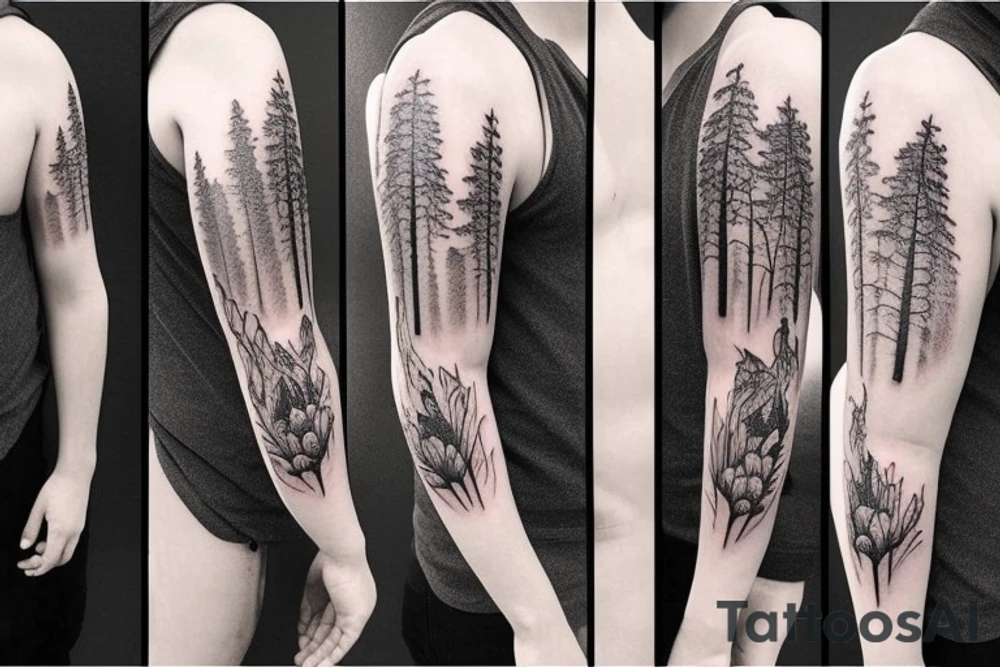 bear house fire forest full sleeve tattoo tattoo idea