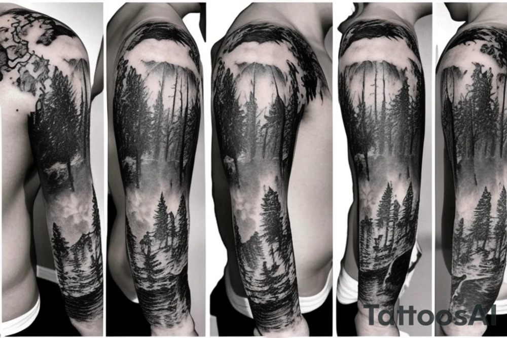 bear house fire forest full sleeve tattoo tattoo idea