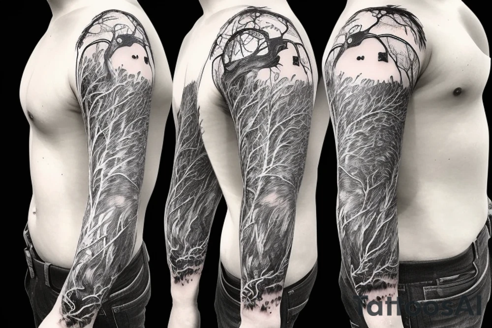 bear house fire forest full sleeve tattoo tattoo idea