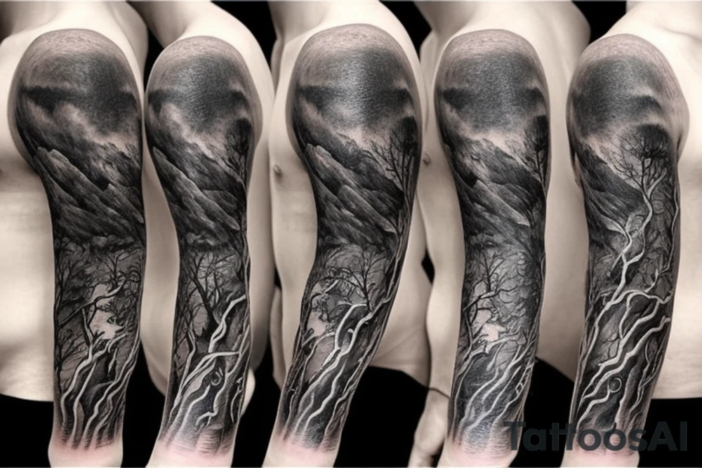 bear house fire forest full sleeve tattoo tattoo idea