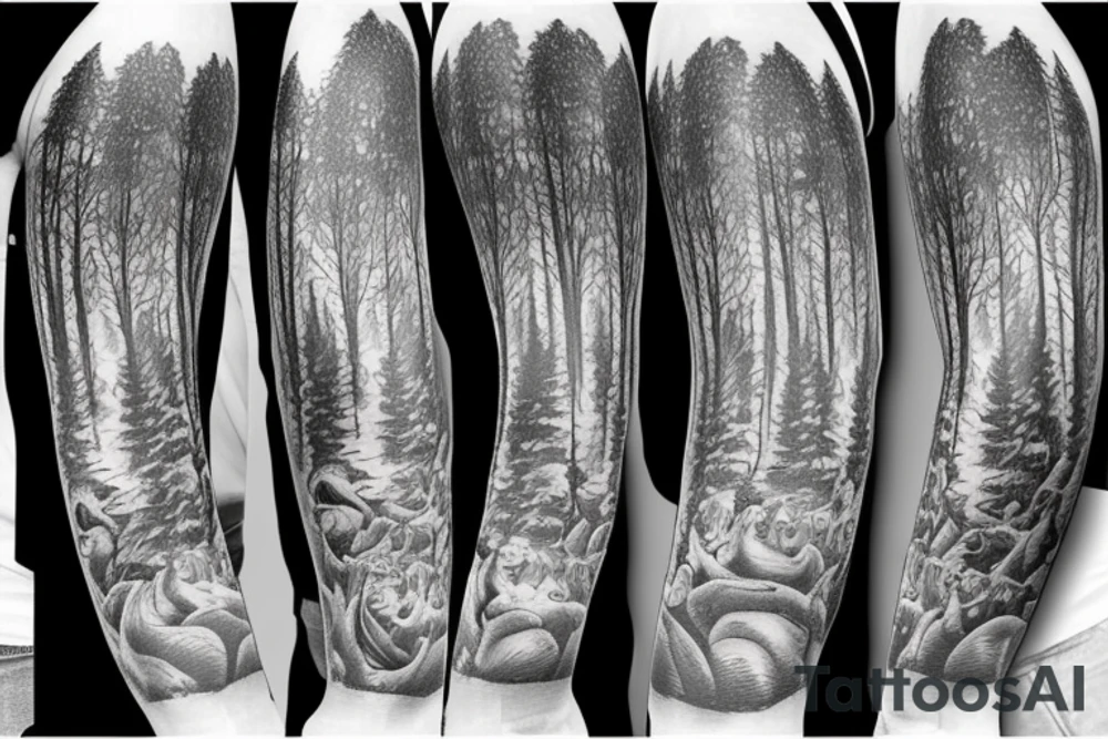 bear house fire forest full sleeve tattoo tattoo idea