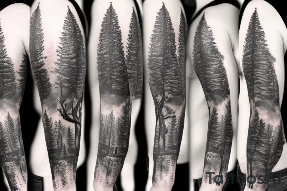 bear house fire forest full sleeve tattoo tattoo idea