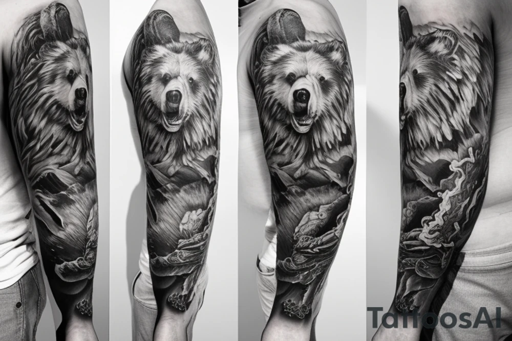 furious bear full sleeve tattoo idea