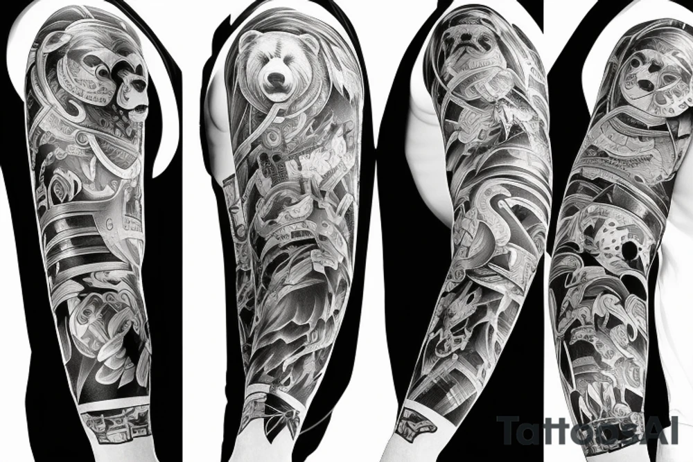 furious bear full sleeve tattoo idea