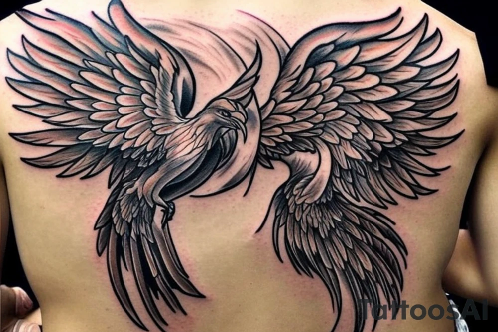 Need a phoenix tattoo design for my back extending from my shoulder blade to lower back with wings spreading outwards tattoo idea