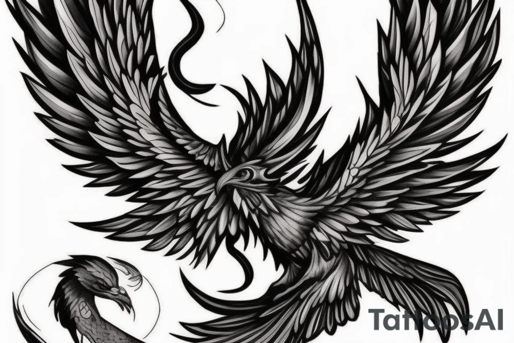 Need a phoenix tattoo design with a masculine look for trapezoid muscle with head near to my neck with wings spread over to my shoulder and tail to the lower back tattoo idea