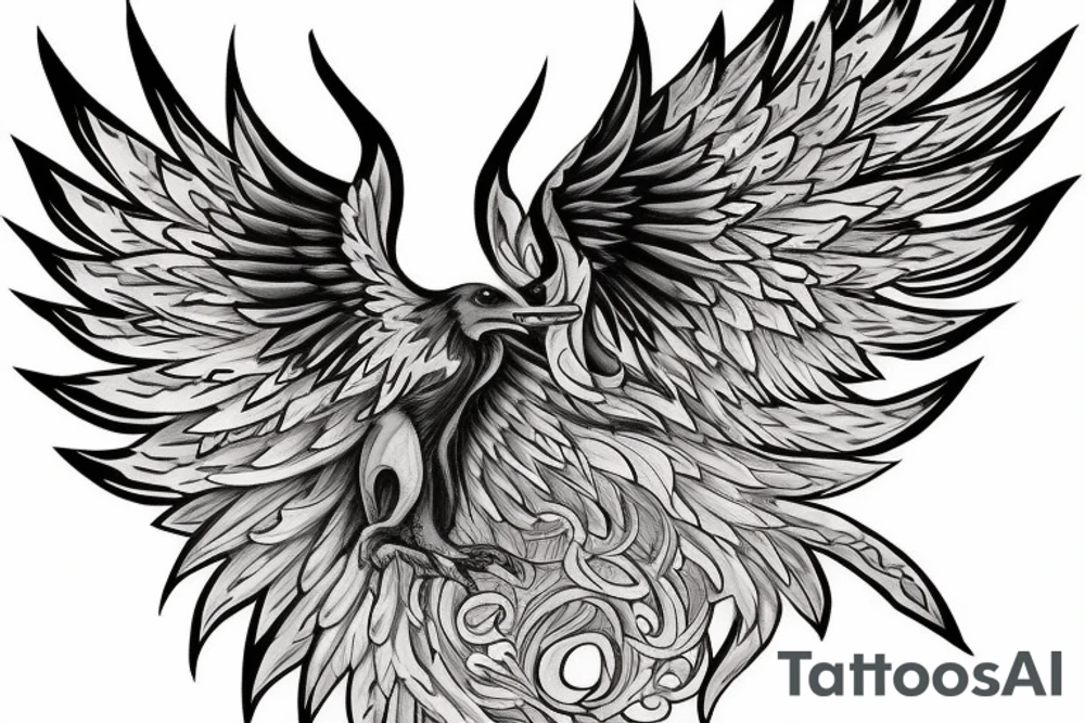 Need a phoenix tattoo design with a masculine look for trapezoid muscle with head near to my neck with wings spread over to my shoulder and tail to the lower back which is almost like a plus sign tattoo idea