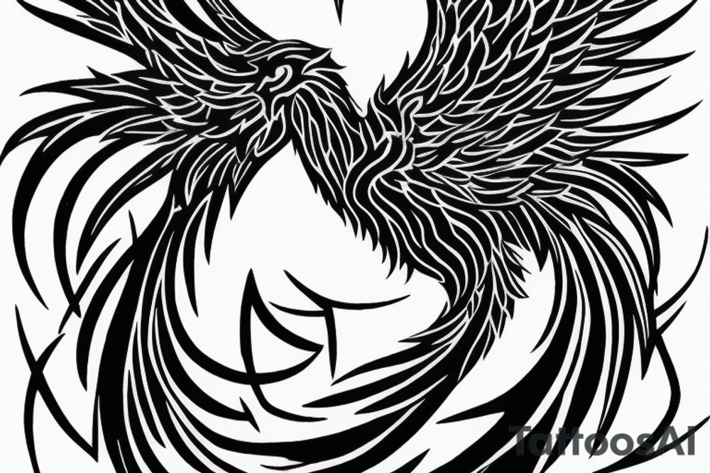 Need a phoenix tattoo design with a masculine look for trapezoid muscle with head near to my neck with wings spread over to my shoulder and tail to the lower back which is almost like a plus sign tattoo idea