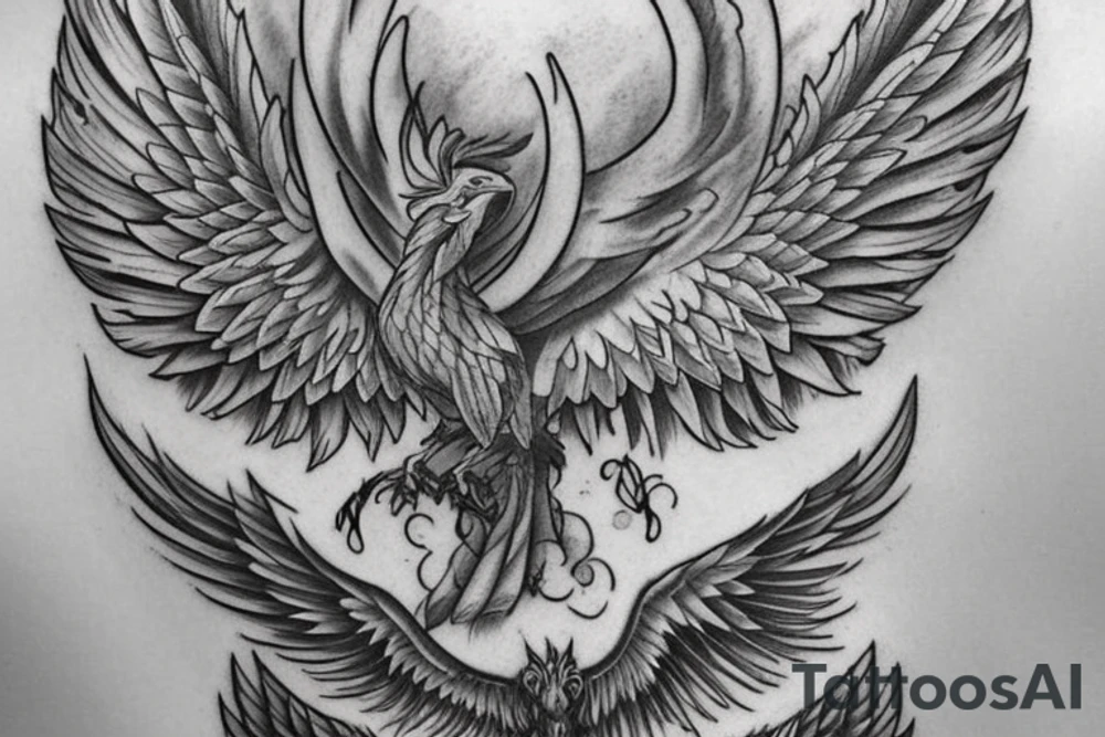 Suggest me some meaningful tattoos wish shows that I will rise from any adverse situation with a phoenix in a muscular looks with a V shape to the back with a symmetrical look with head at the top two wings spreading symmetrically to the both sides of spine tattoo idea