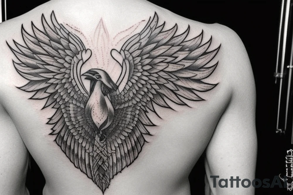 Suggest me some meaningful tattoos wish shows that I will rise from any adverse situation with a phoenix in a muscular looks with a V shape to the back with a symmetrical look with head at the top two wings spreading symmetrically to the both sides of spine tattoo idea