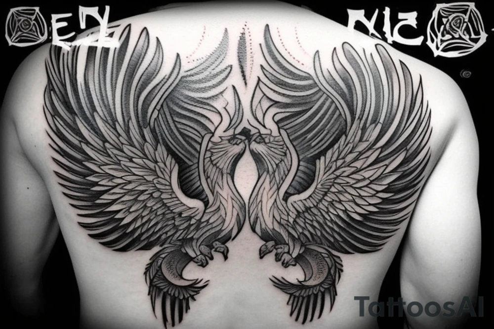 Suggest me some meaningful tattoos wish shows that I will rise from any adverse situation with a phoenix in a muscular looks with a V shape to the back with a symmetrical look with head at the top two wings spreading symmetrically to the both sides of spine tattoo idea