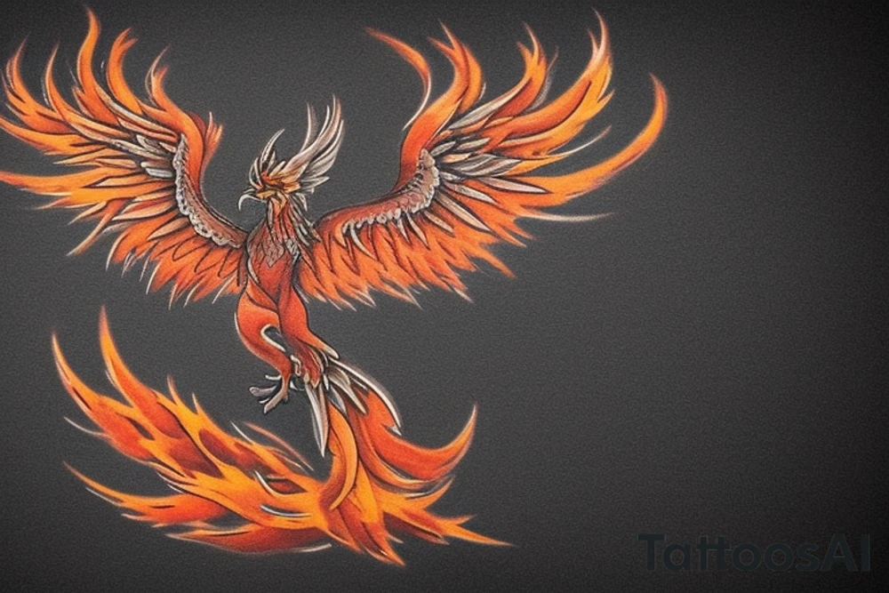 The Phoenix: Let the phoenix be the central element of the tattoo. The body of the phoenix can follow the 'V' shape, with its wings spread upward in a majestic flight. To make it realistic, add intricate details to the phoenix's feathers, body, and eyes. Use varying shades of black and grey to give it depth and a realistic, almost 3D effect. tattoo idea