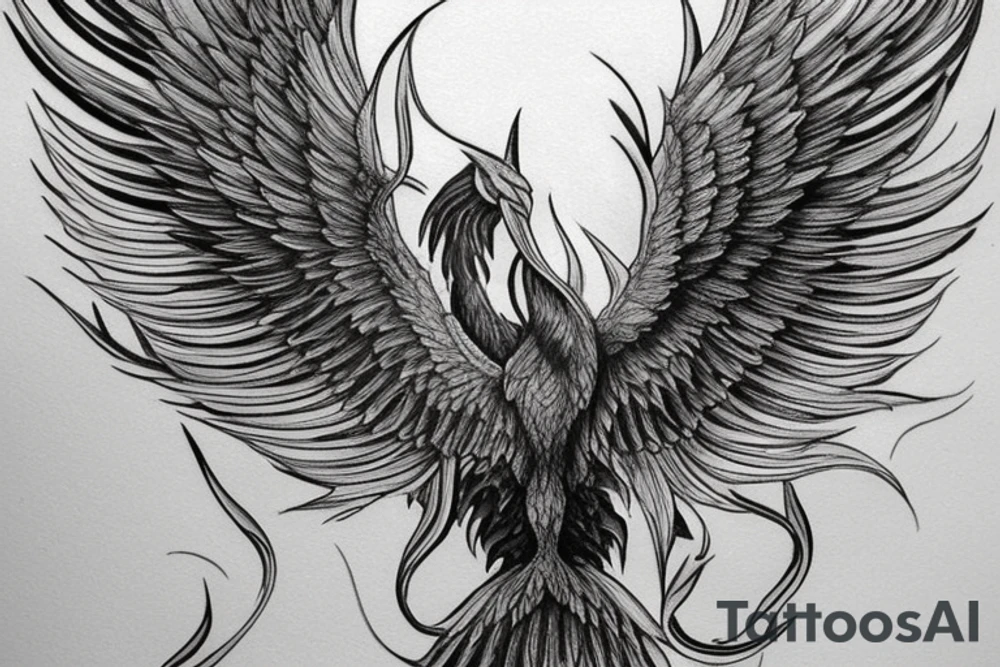 The Phoenix: Let the phoenix be the central element of the tattoo. The body of the phoenix can follow the 'V' shape, with its wings spread upward in a majestic flight. To make it realistic, add intricate details to the phoenix's feathers, body, and eyes. Use varying shades of black and grey to give it depth and a realistic, almost 3D effect. tattoo idea