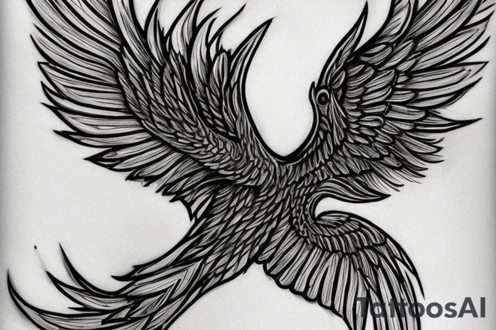 The Phoenix: Let the phoenix be the central element of the tattoo. The body of the phoenix can follow the 'V' shape, with its wings spread upward in a majestic flight. To make it realistic, add intricate details to the phoenix's feathers, body, and eyes. Use varying shades of black and grey to give it depth and a realistic, almost 3D effect.
The Symmetrical 'V' Shape: The 'V' shape can be subtly incorporated as the body and tail of the phoenix. The tail feathers of the phoenix can diverge from the bottom point of the 'V', spreading out symmetrically on either side tattoo idea