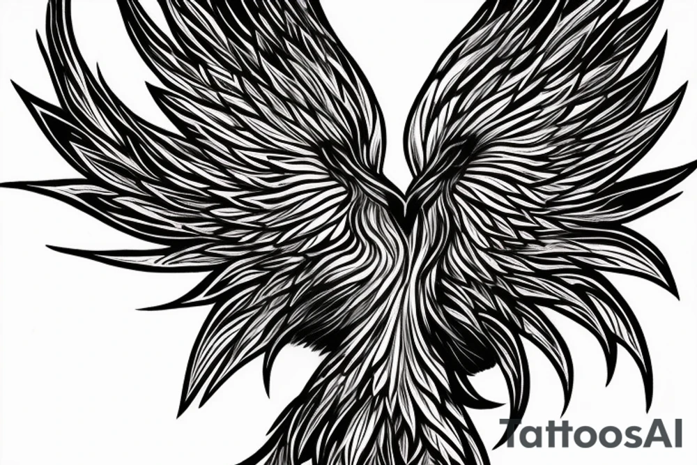 The Phoenix: Let the phoenix be the central element of the tattoo. The body of the phoenix can follow the 'V' shape, with its wings spread upward in a majestic flight. To make it realistic, add intricate details to the phoenix's feathers, body, and eyes. Use varying shades of black and grey to give it depth and a realistic, almost 3D effect.


The Symmetrical 'V' Shape: The 'V' shape can be subtly incorporated as the body and tail of the phoenix. The tail feathers of the phoenix can diverge from the bottom point of the 'V', spreading out symmetrically on either side

Additional Elements: For added meaning or symbolism, consider including additional elements. These could be a small flame at the bottom point of the 'V', symbolizing the rebirth of the phoenix, or stars around the phoenix, representing hope and guidance. tattoo idea