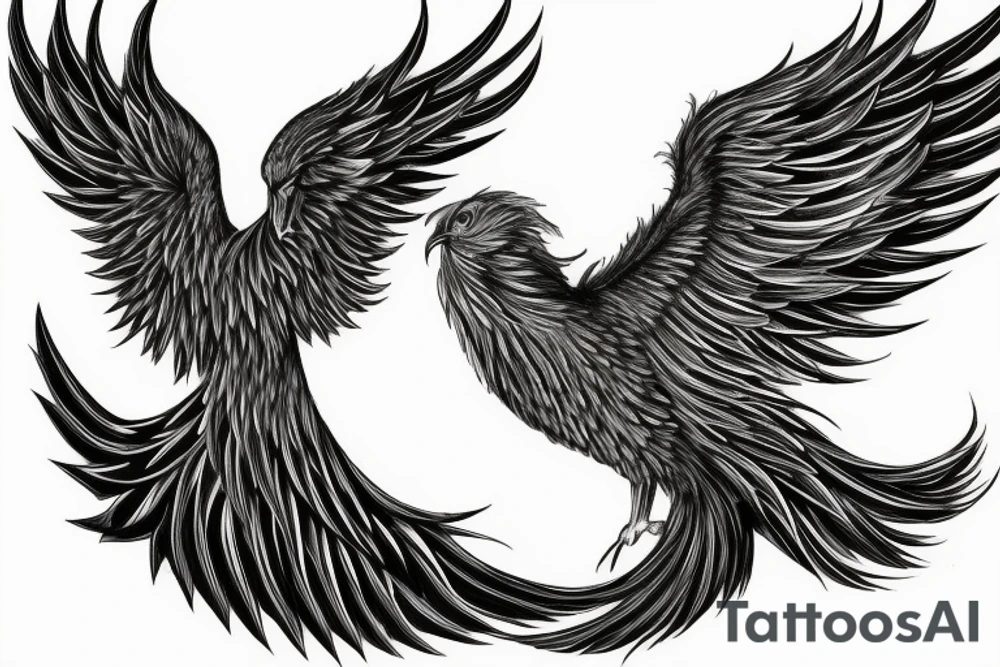 The Phoenix: Let the phoenix be the central element of the tattoo. The body of the phoenix can follow the 'V' shape, with its wings spread upward in a majestic flight. To make it realistic, add intricate details to the phoenix's feathers, body, and eyes. Use varying shades of black and grey to give it depth and a realistic, almost 3D effect.


The Symmetrical 'V' Shape: The 'V' shape can be subtly incorporated as the body and tail of the phoenix. The tail feathers of the phoenix can diverge from the bottom point of the 'V', spreading out symmetrically on either side

Additional Elements: For added meaning or symbolism, consider including additional elements. These could be a small flame at the bottom point of the 'V', symbolizing the rebirth of the phoenix, or stars around the phoenix, representing hope and guidance. tattoo idea