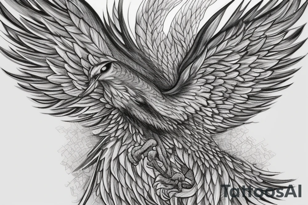 The Phoenix: Let the phoenix be the central element of the tattoo. The body of the phoenix can follow the 'V' shape, with its wings spread upward in a majestic flight. To make it realistic, add intricate details to the phoenix's feathers, body, and eyes. Use varying shades of black and grey to give it depth and a realistic, almost 3D effect.


The Symmetrical 'V' Shape: The 'V' shape can be subtly incorporated as the body and tail of the phoenix. The tail feathers of the phoenix can diverge from the bottom point of the 'V', spreading out symmetrically on either side

Additional Elements: For added meaning or symbolism, consider including additional elements. These could be a small flame at the bottom point of the 'V', symbolizing the rebirth of the phoenix, or stars around the phoenix, representing hope and guidance. tattoo idea