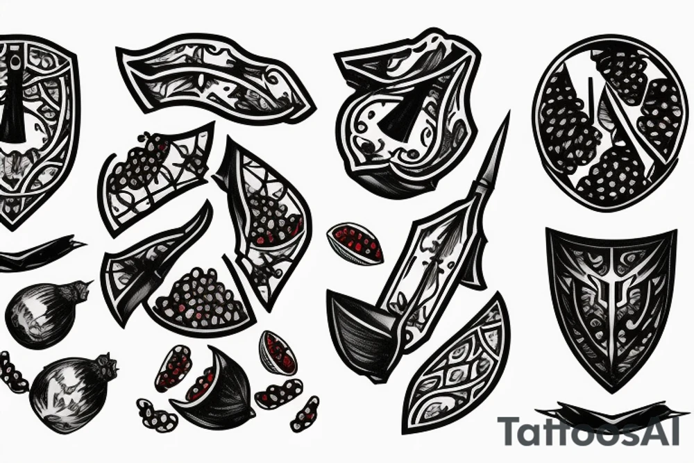 a dagger and a pomegranate cut in half tattoo idea