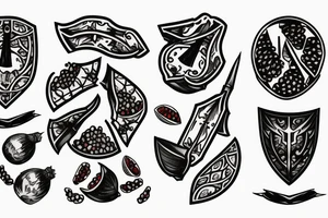 a dagger and a pomegranate cut in half tattoo idea