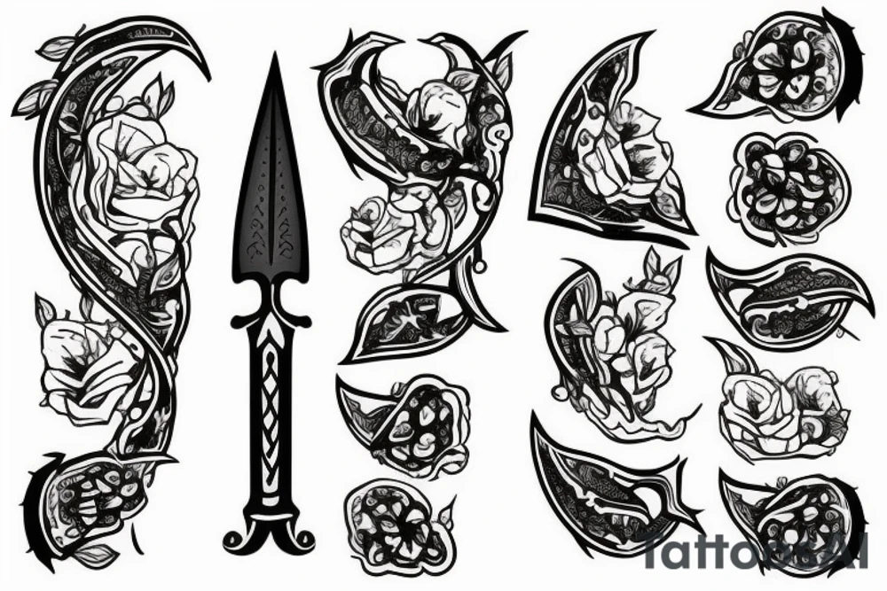 a dagger and a pomegranate cut in half tattoo idea