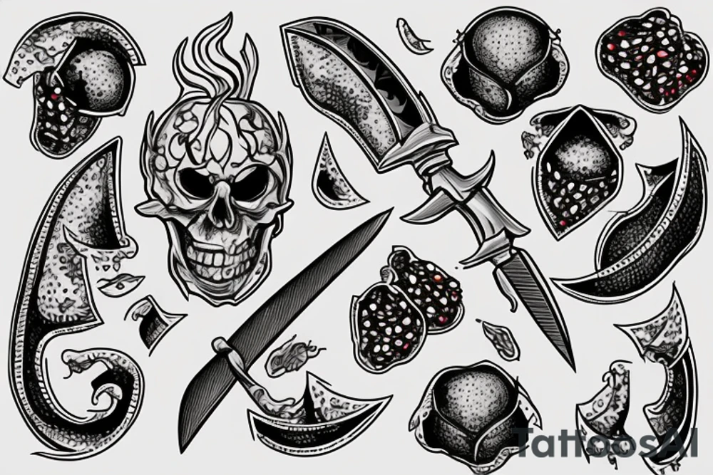a dagger and a pomegranate cut in half tattoo idea