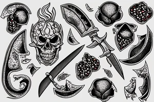 a dagger and a pomegranate cut in half tattoo idea
