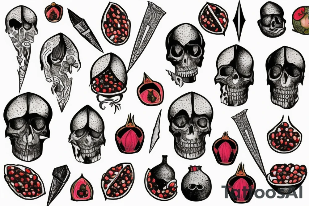 a dagger and a pomegranate cut in half tattoo idea