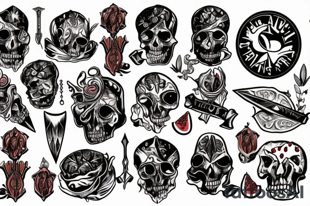 a dagger and a pomegranate cut in half tattoo idea