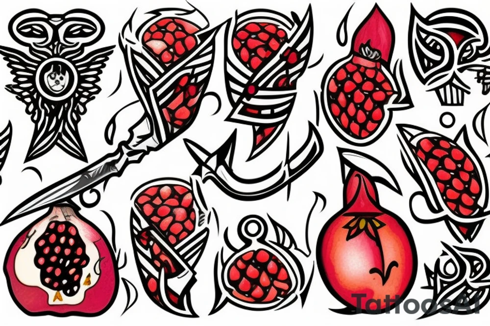 a dagger cutting open a pomegranate tattoo idea