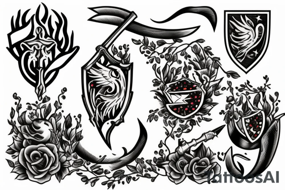 a classic American style tattoo of a sword cutting open a pomegranate tattoo idea