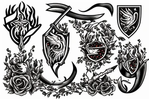 a classic American style tattoo of a sword cutting open a pomegranate tattoo idea