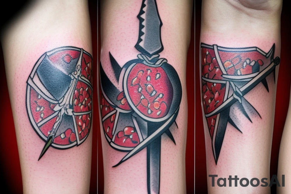 a classic American style tattoo of a sword cutting open a pomegranate tattoo idea