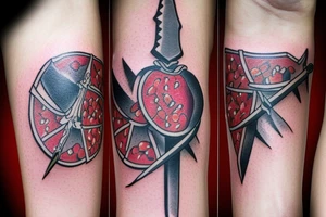 a classic American style tattoo of a sword cutting open a pomegranate tattoo idea
