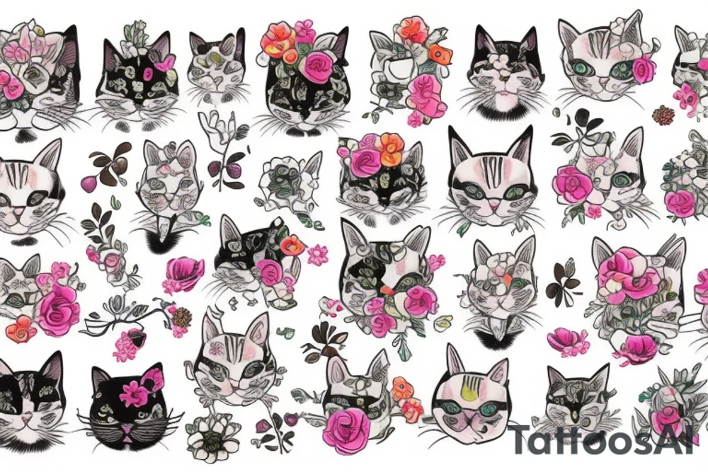 crying cat with floral design surrounded by traditional flowers tattoo idea
