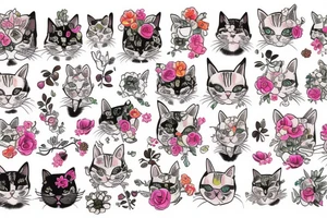 crying cat with floral design surrounded by traditional flowers tattoo idea