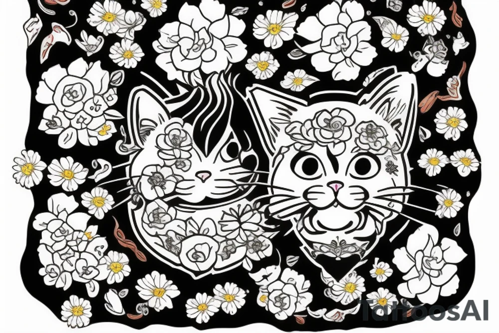 crying cat with floral design surrounded by traditional flowers tattoo idea