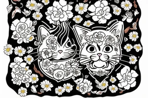 crying cat with floral design surrounded by traditional flowers tattoo idea