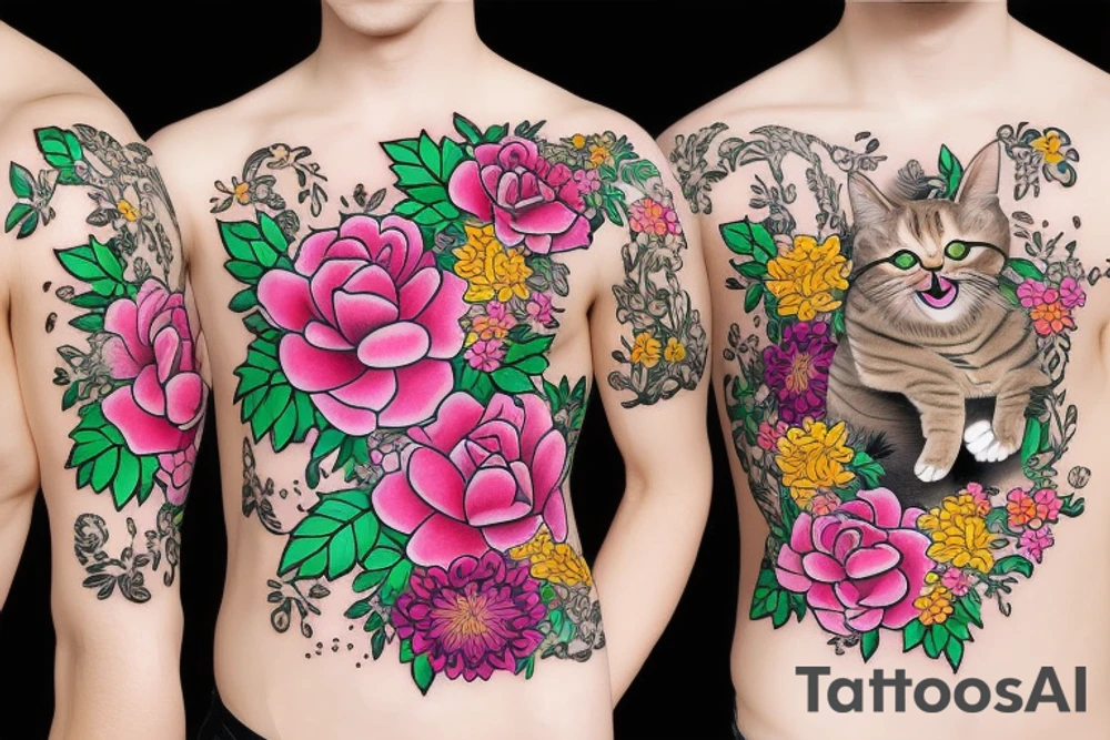 crying cat with floral design surrounded by traditional flowers for sleeve tattoo idea
