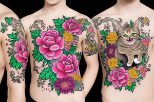 crying cat with floral design surrounded by traditional flowers for sleeve tattoo idea