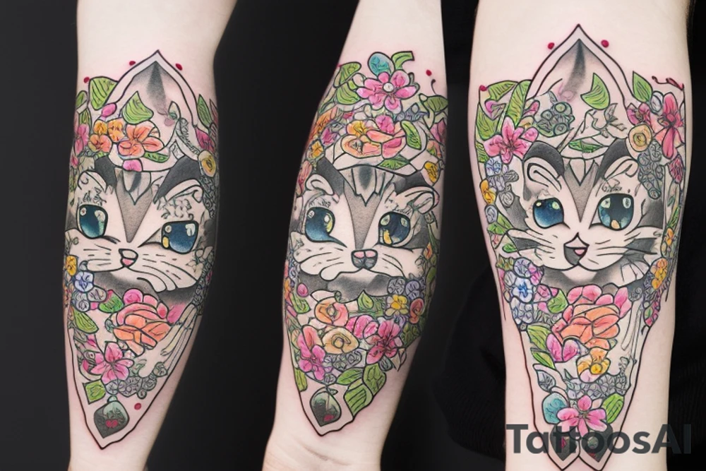 crying cat with floral design surrounded by traditional flowers for sleeve tattoo idea