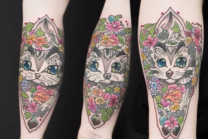 crying cat with floral design surrounded by traditional flowers for sleeve tattoo idea