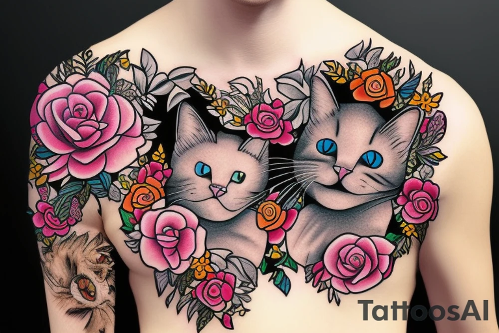 sad cat with floral design surrounded by traditional flowers for sleeve tattoo idea