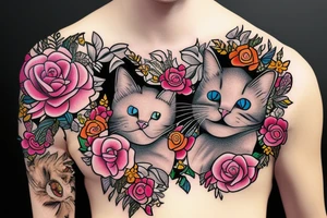 sad cat with floral design surrounded by traditional flowers for sleeve tattoo idea