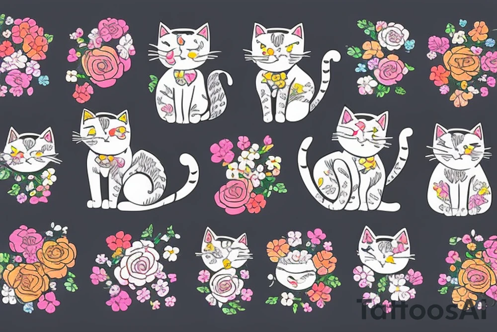 sad cat with floral design surrounded by traditional flowers for sleeve tattoo idea